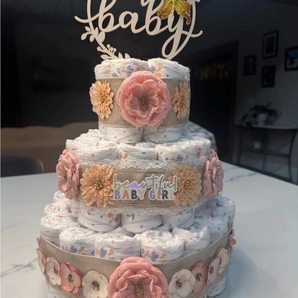 Beautiful Baby Girl Diaper Cake with Pink and Cream Accents